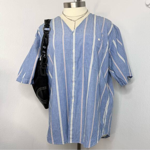 Vintage Oversized Striped Button Shirt Short Sleeve Baseball Style Sporty - Picture 2 of 8